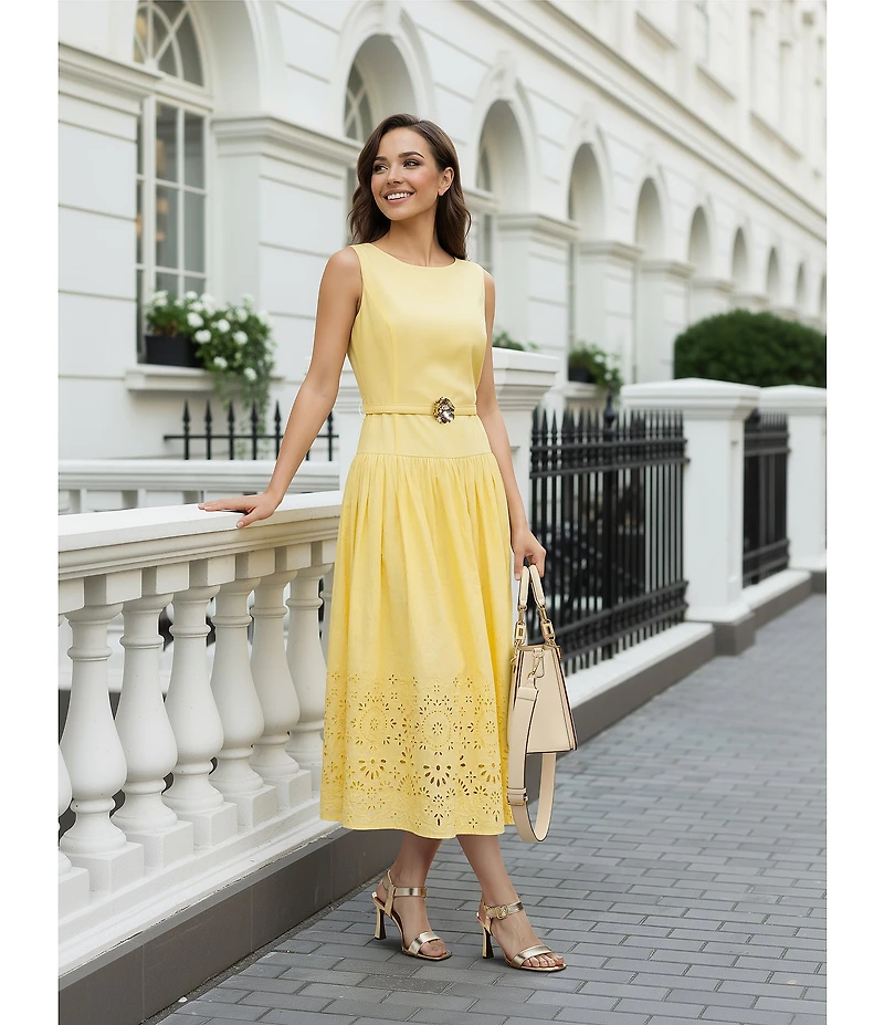 KARL LAGERFELD PARIS Poplin Drop Waist Crew Neck Sleeveless Laser Cut Hem Midi Dress