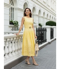 KARL LAGERFELD PARIS Poplin Drop Waist Crew Neck Sleeveless Laser Cut Hem Midi Dress