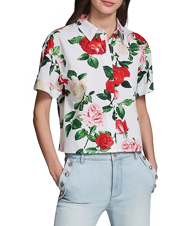 KARL LAGERFELD PARIS Poplin Floral Point Collar Short Sleeve Camp Shirt