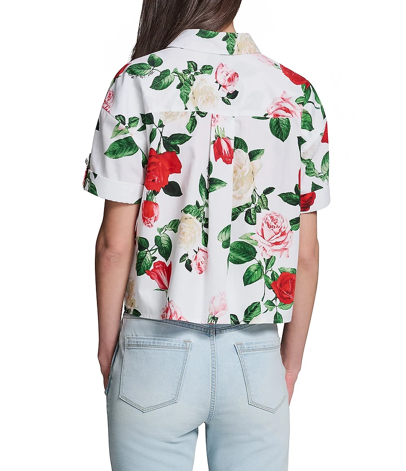 KARL LAGERFELD PARIS Poplin Floral Point Collar Short Sleeve Camp Shirt