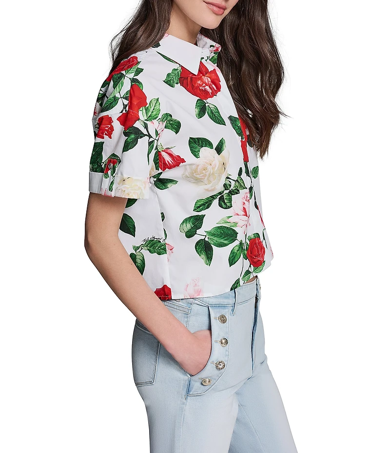 KARL LAGERFELD PARIS Poplin Floral Point Collar Short Sleeve Camp Shirt