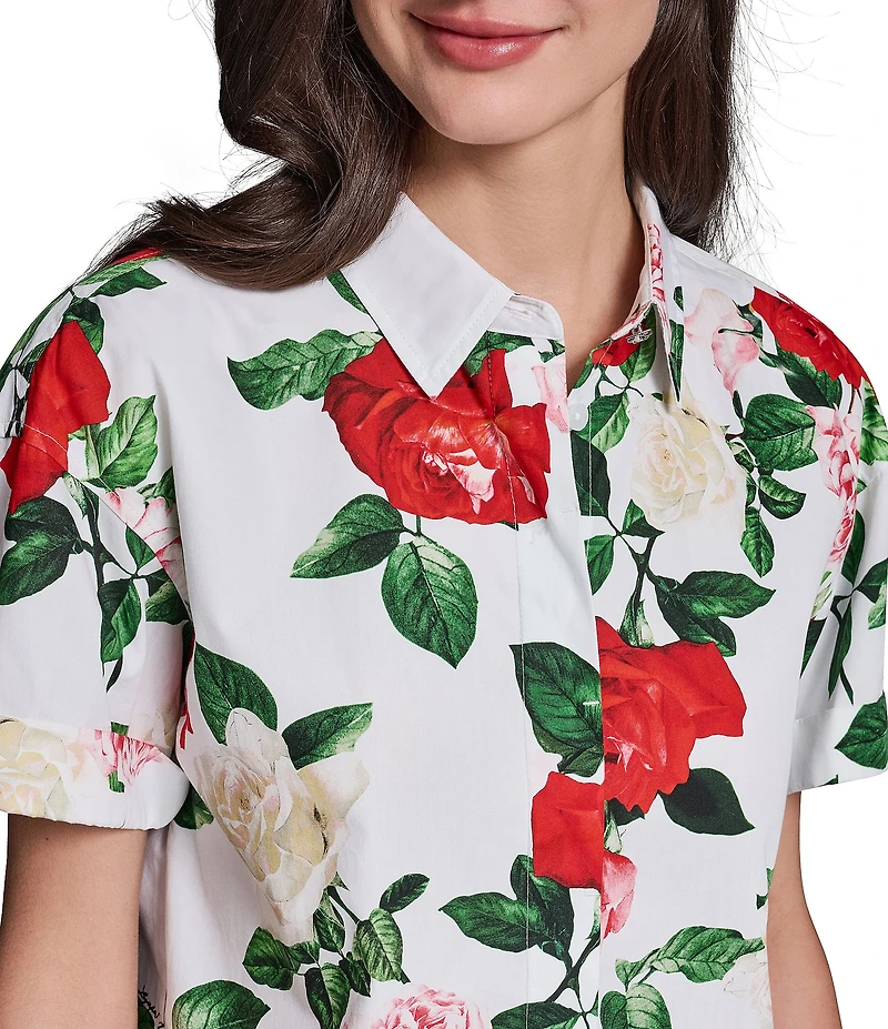 KARL LAGERFELD PARIS Poplin Floral Point Collar Short Sleeve Camp Shirt