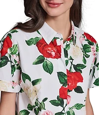 KARL LAGERFELD PARIS Poplin Floral Point Collar Short Sleeve Camp Shirt