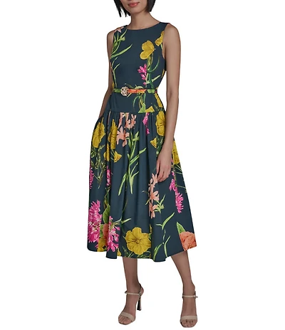 KARL LAGERFELD PARIS Poplin Floral Print Crew Neck Sleeveless Belted Drop Waist Midi Dress