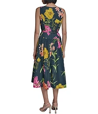 KARL LAGERFELD PARIS Poplin Floral Print Crew Neck Sleeveless Belted Drop Waist Midi Dress