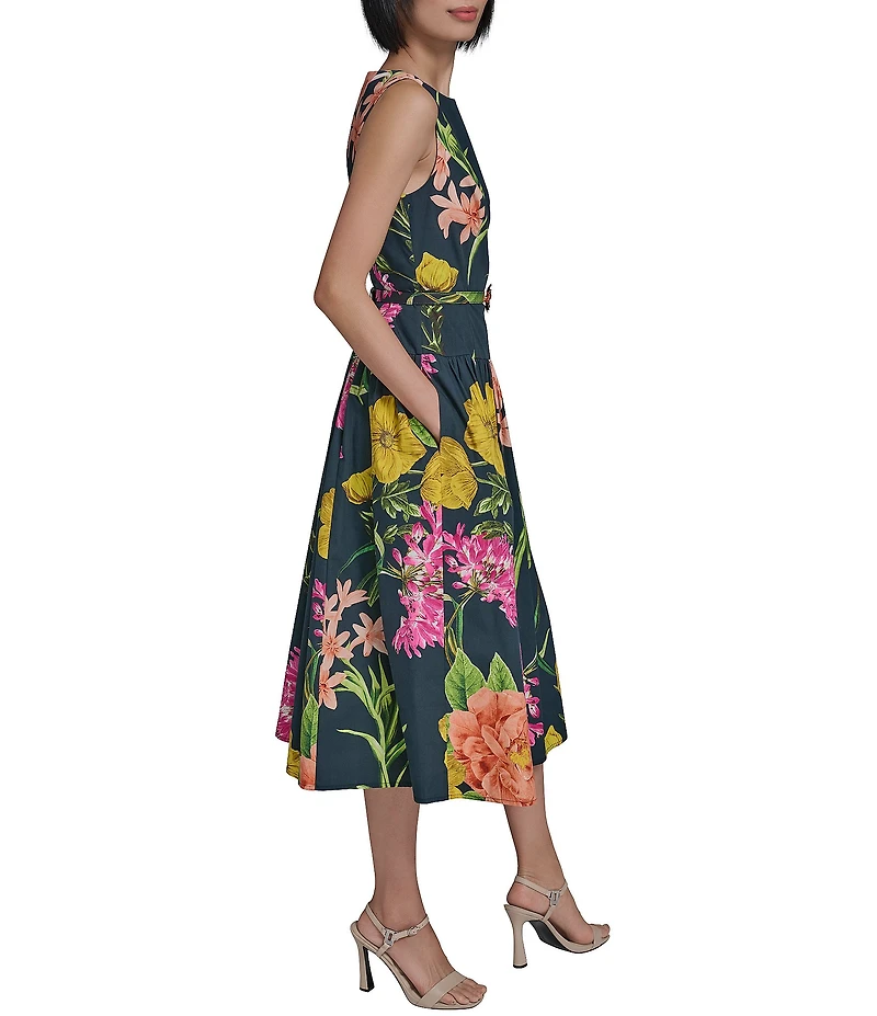 KARL LAGERFELD PARIS Poplin Floral Print Crew Neck Sleeveless Belted Drop Waist Midi Dress