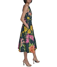 KARL LAGERFELD PARIS Poplin Floral Print Crew Neck Sleeveless Belted Drop Waist Midi Dress