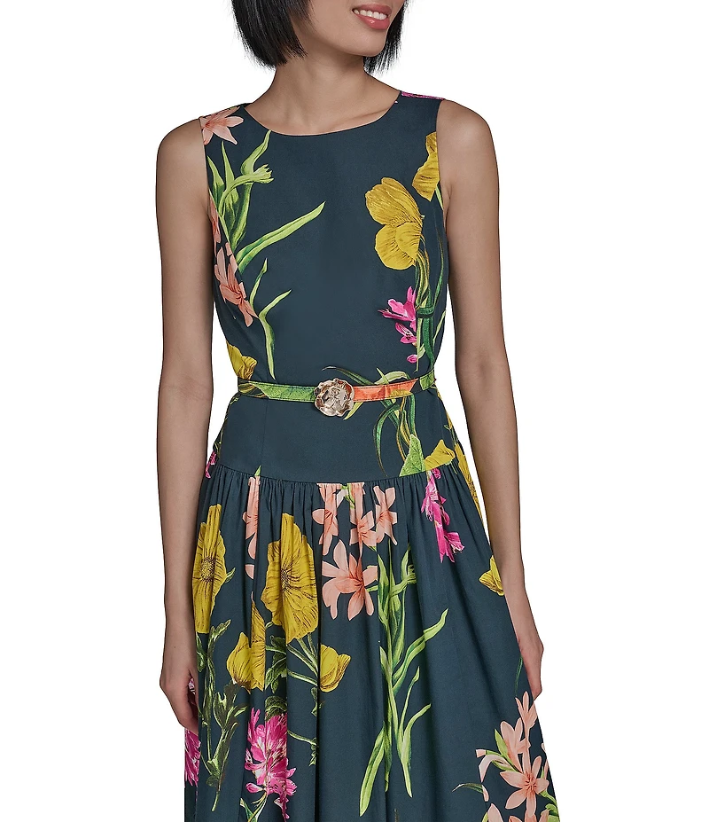 KARL LAGERFELD PARIS Poplin Floral Print Crew Neck Sleeveless Belted Drop Waist Midi Dress