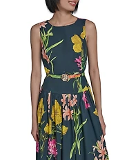 KARL LAGERFELD PARIS Poplin Floral Print Crew Neck Sleeveless Belted Drop Waist Midi Dress