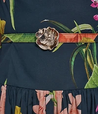 KARL LAGERFELD PARIS Poplin Floral Print Crew Neck Sleeveless Belted Drop Waist Midi Dress