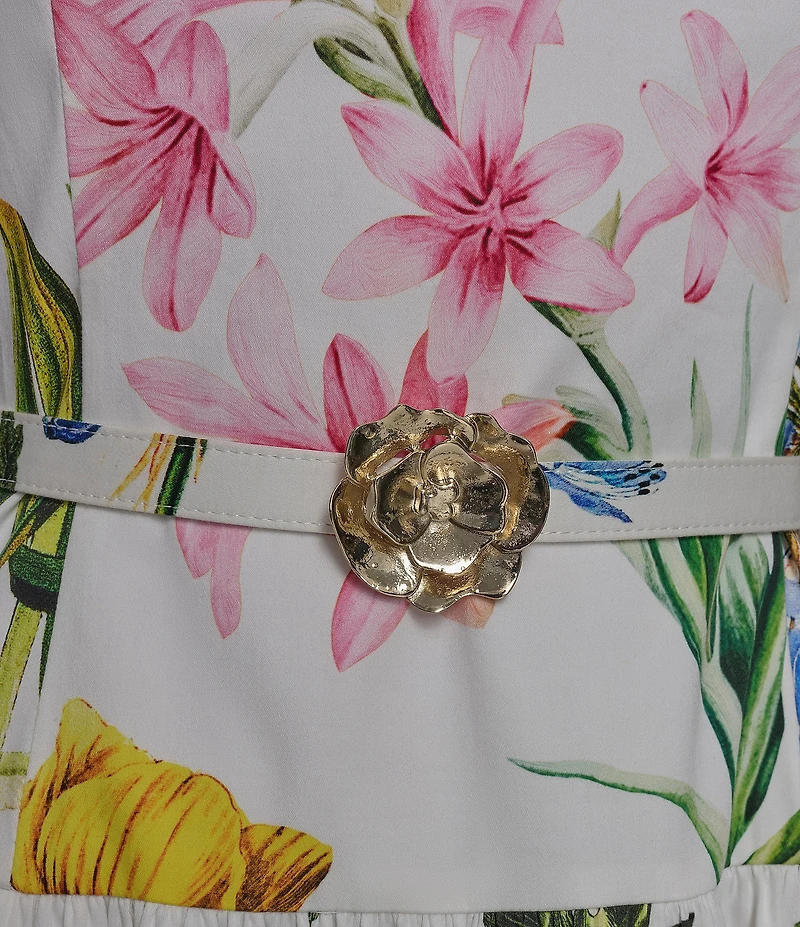 KARL LAGERFELD PARIS Poplin Floral Print Crew Neck Sleeveless Belted Drop Waist Midi Dress