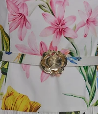 KARL LAGERFELD PARIS Poplin Floral Print Crew Neck Sleeveless Belted Drop Waist Midi Dress