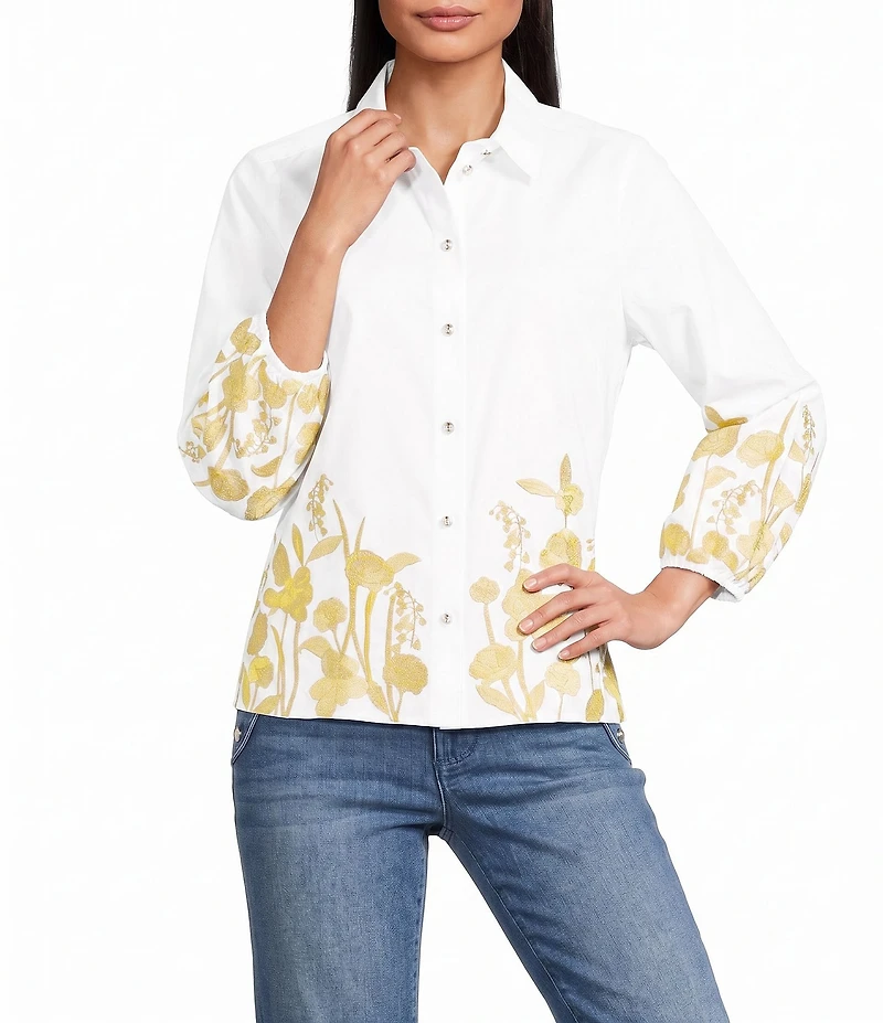 KARL LAGERFELD PARIS Poplin Gold Floral Embroidered Point Collar 3/4 Sleeve Shirt