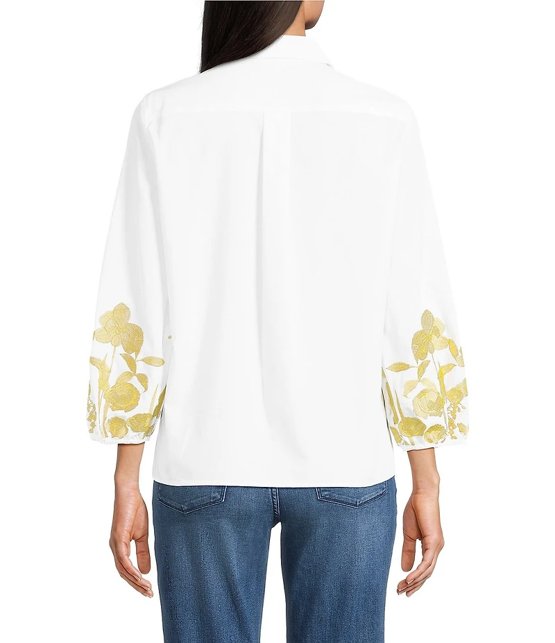 KARL LAGERFELD PARIS Poplin Gold Floral Embroidered Point Collar 3/4 Sleeve Shirt