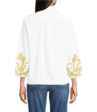 KARL LAGERFELD PARIS Poplin Gold Floral Embroidered Point Collar 3/4 Sleeve Shirt