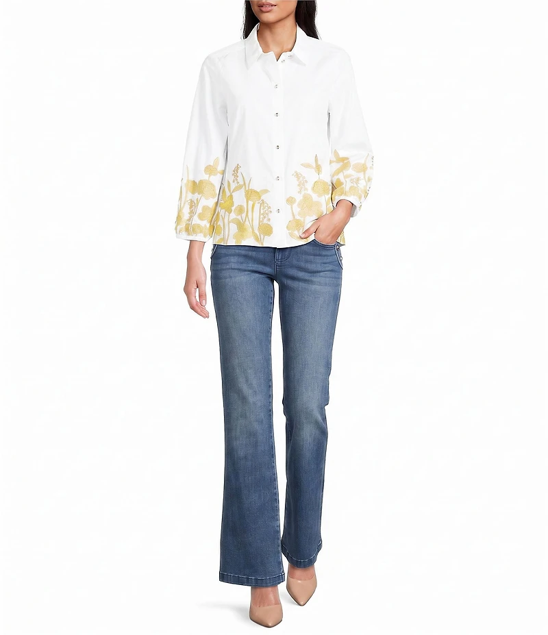 KARL LAGERFELD PARIS Poplin Gold Floral Embroidered Point Collar 3/4 Sleeve Shirt