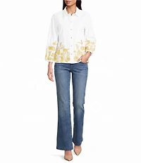 KARL LAGERFELD PARIS Poplin Gold Floral Embroidered Point Collar 3/4 Sleeve Shirt