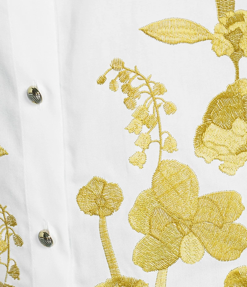 KARL LAGERFELD PARIS Poplin Gold Floral Embroidered Point Collar 3/4 Sleeve Shirt