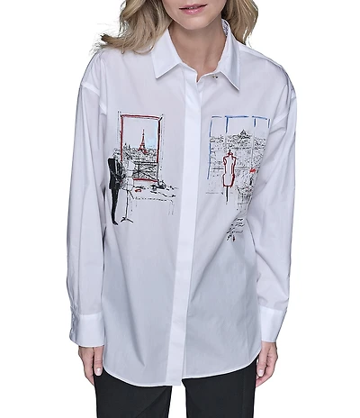 KARL LAGERFELD PARIS Poplin Point Collar Long Sleeve Button Front Shirt
