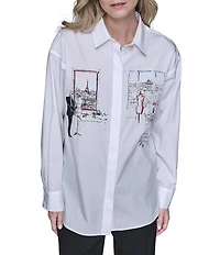 KARL LAGERFELD PARIS Poplin Point Collar Long Sleeve Button Front Shirt