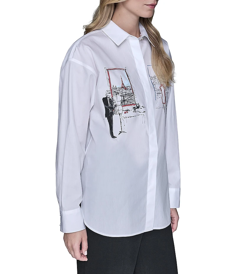 KARL LAGERFELD PARIS Poplin Point Collar Long Sleeve Button Front Shirt
