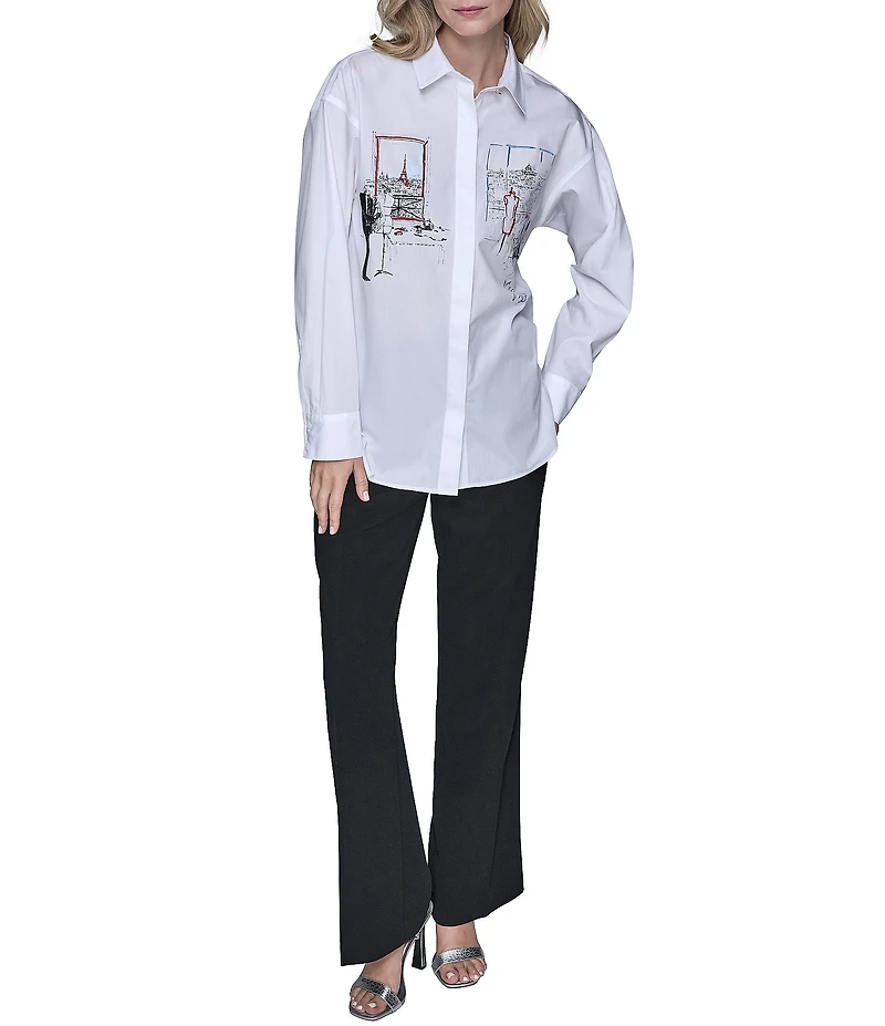 KARL LAGERFELD PARIS Poplin Point Collar Long Sleeve Button Front Shirt