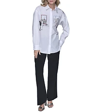 KARL LAGERFELD PARIS Poplin Point Collar Long Sleeve Button Front Shirt