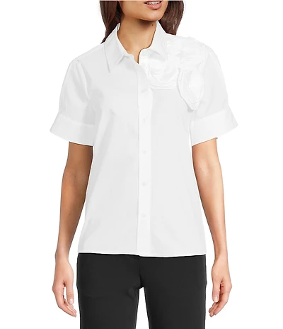 KARL LAGERFELD PARIS Poplin Point Collar Short Sleeve Cuffed Rose Shirt