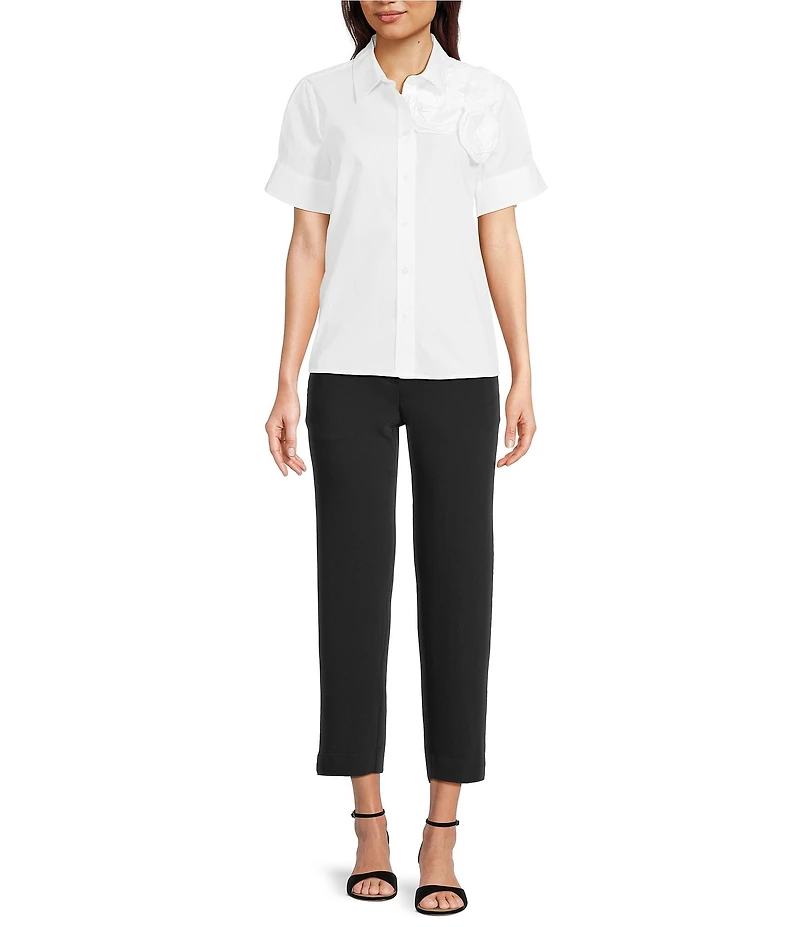 KARL LAGERFELD PARIS Poplin Point Collar Short Sleeve Cuffed Rose Shirt