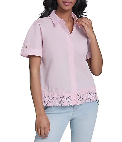 KARL LAGERFELD PARIS Poplin Point Collar Short Sleeve Floral Trim Top