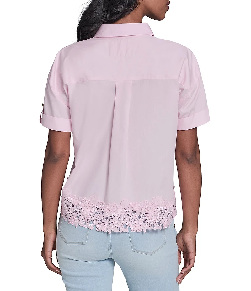KARL LAGERFELD PARIS Poplin Point Collar Short Sleeve Floral Trim Top