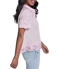 KARL LAGERFELD PARIS Poplin Point Collar Short Sleeve Floral Trim Top