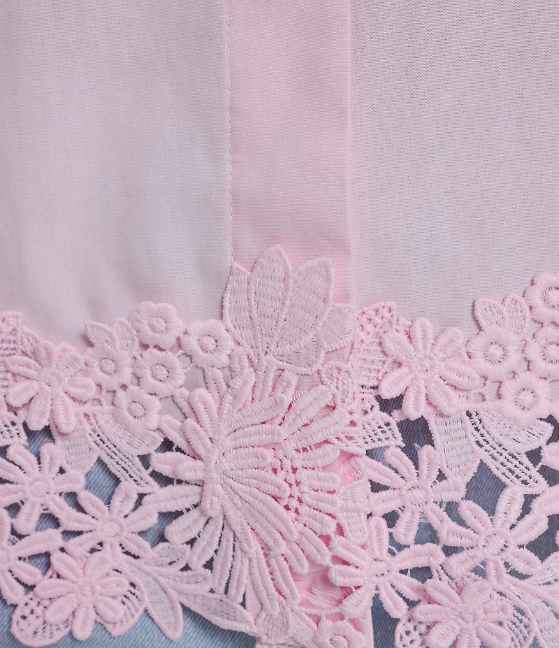 KARL LAGERFELD PARIS Poplin Point Collar Short Sleeve Floral Trim Top