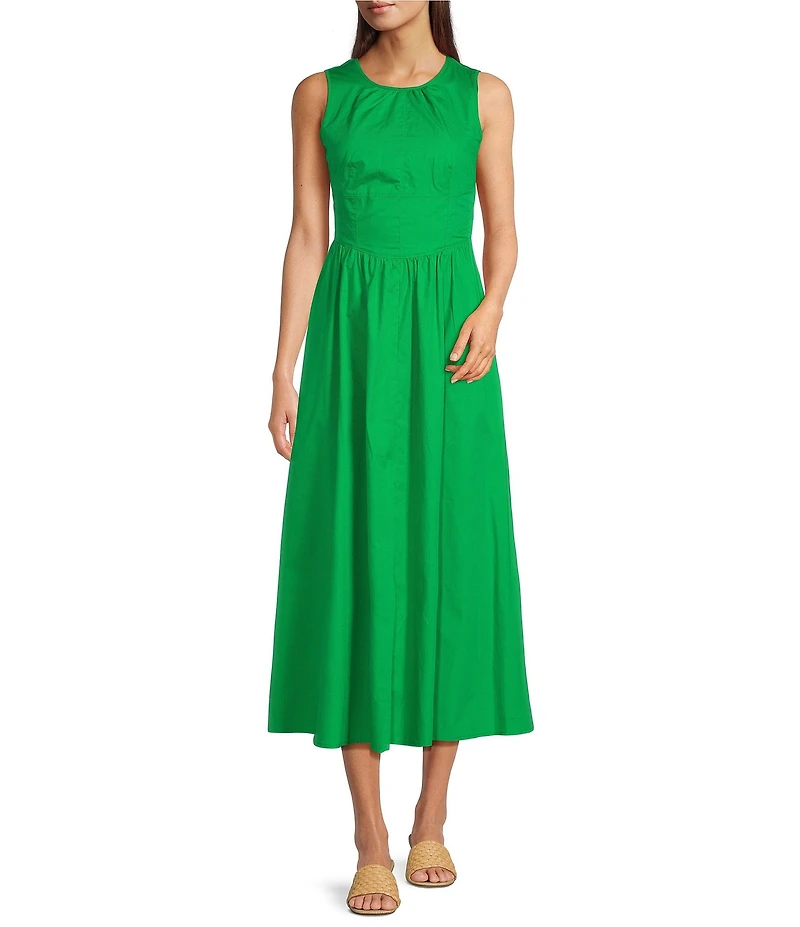 KARL LAGERFELD PARIS Poplin Round Neck Sleeveless A-Line Midi Dress