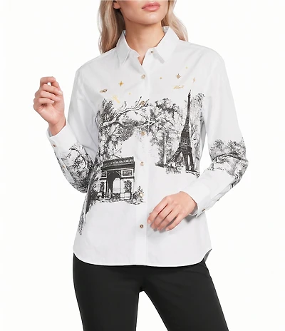 KARL LAGERFELD PARIS Poplin Scenic Print Point Collar Long Sleeve Shirt