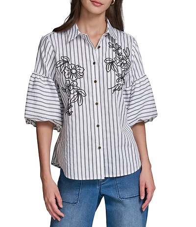 KARL LAGERFELD PARIS Poplin Stripe Floral Embroidery Point Collar 3/4 Sleeve Shirt