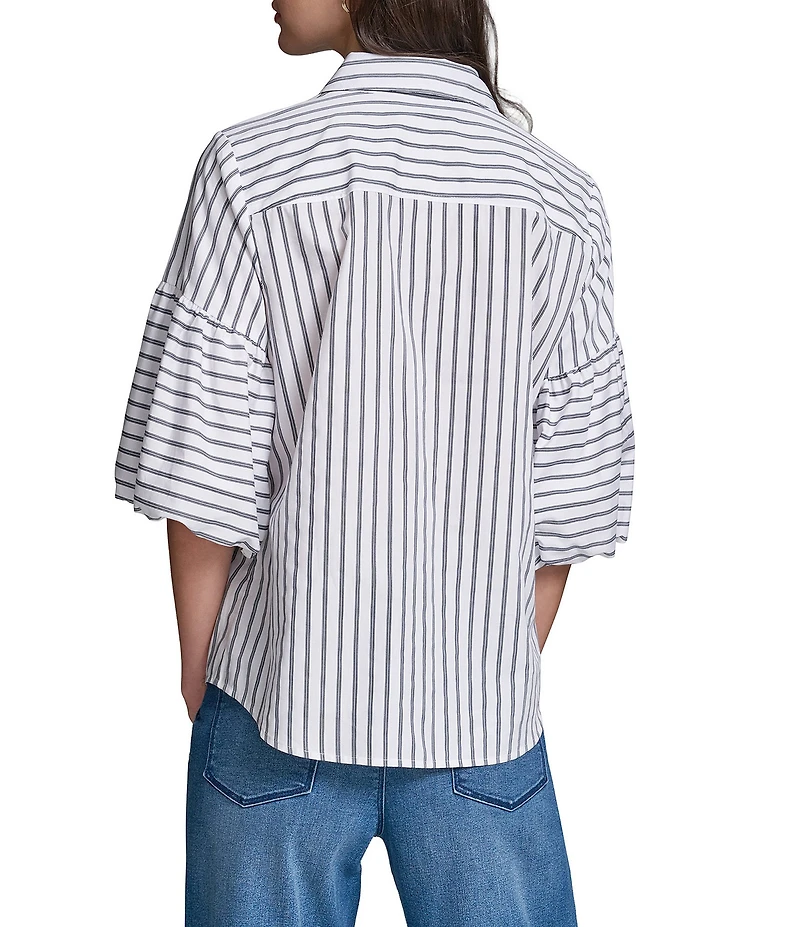 KARL LAGERFELD PARIS Poplin Stripe Floral Embroidery Point Collar 3/4 Sleeve Shirt