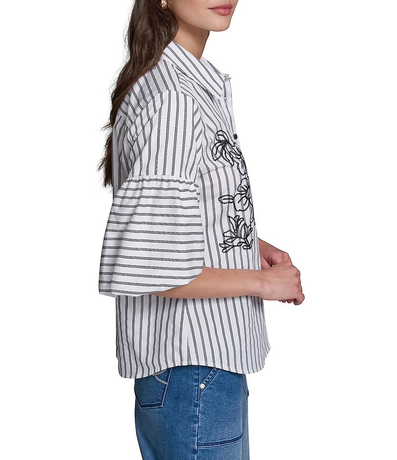 KARL LAGERFELD PARIS Poplin Stripe Floral Embroidery Point Collar 3/4 Sleeve Shirt