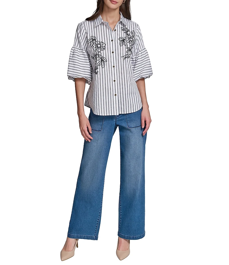 KARL LAGERFELD PARIS Poplin Stripe Floral Embroidery Point Collar 3/4 Sleeve Shirt