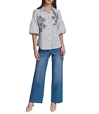 KARL LAGERFELD PARIS Poplin Stripe Floral Embroidery Point Collar 3/4 Sleeve Shirt