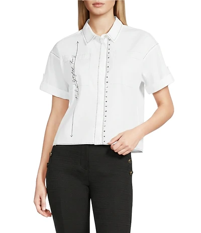 KARL LAGERFELD PARIS Poplin Woven Tape Measure Point Collar Short Sleeve Shirt