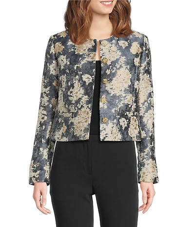 KARL LAGERFELD PARIS Print Metallic Jacquard Round Neck Long Sleeve Cropped Jacket