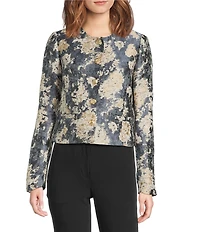 KARL LAGERFELD PARIS Print Metallic Jacquard Round Neck Long Sleeve Cropped Jacket