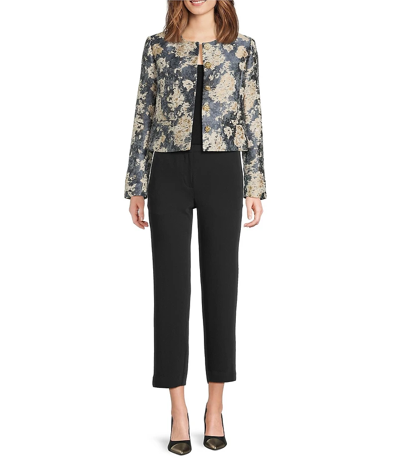 KARL LAGERFELD PARIS Print Metallic Jacquard Round Neck Long Sleeve Cropped Jacket