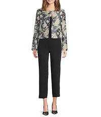 KARL LAGERFELD PARIS Print Metallic Jacquard Round Neck Long Sleeve Cropped Jacket