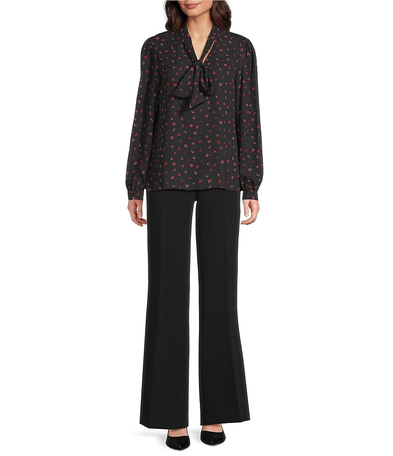 KARL LAGERFELD PARIS Print Woven Neck Tie V-Neck Long Sleeve Blouse