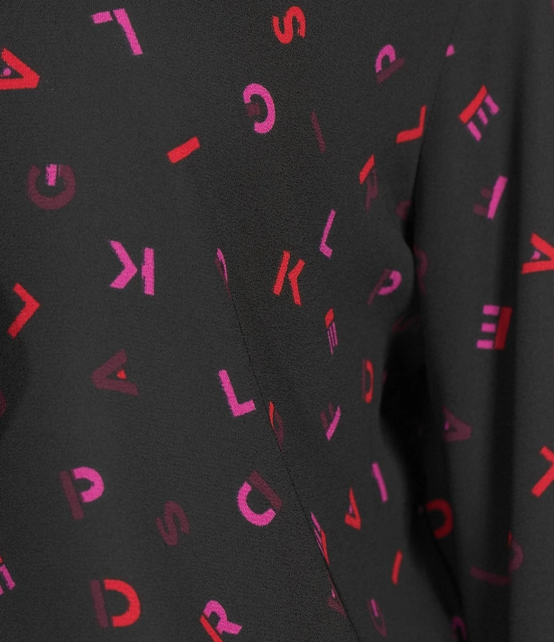 KARL LAGERFELD PARIS Print Woven Neck Tie V-Neck Long Sleeve Blouse