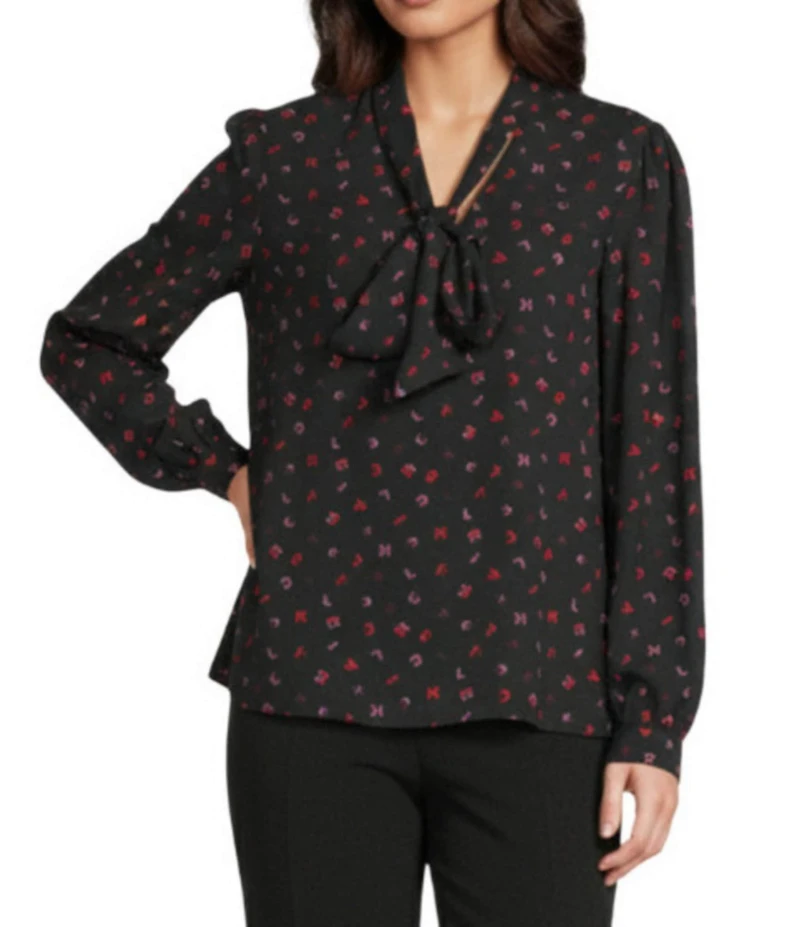 KARL LAGERFELD PARIS Print Woven Neck Tie V-Neck Long Sleeve Blouse