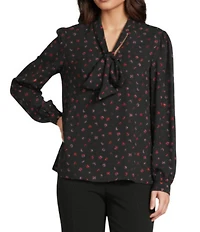 KARL LAGERFELD PARIS Print Woven Neck Tie V-Neck Long Sleeve Blouse