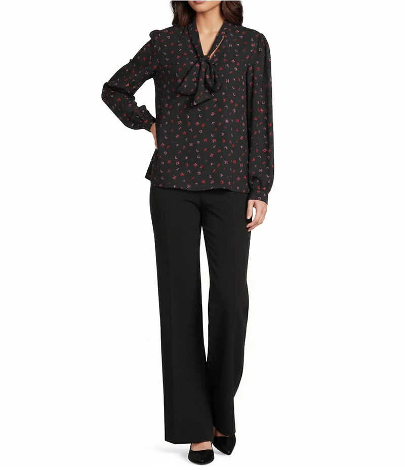 KARL LAGERFELD PARIS Print Woven Neck Tie V-Neck Long Sleeve Blouse